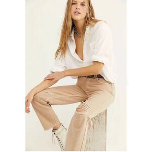 Free People Straight Leg Jeans in Beige with Distressed Knees
